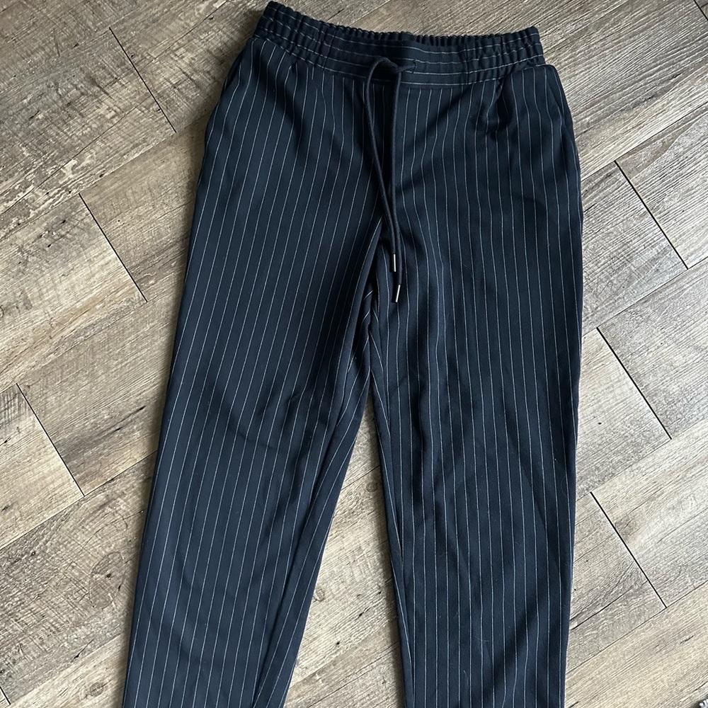 Navy and white, straight leg, elastic, pinstripe pants
